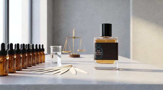 How impression perfumes are made: a perfumer's bench with ingredient vials, blotter strips and a Scent Valley bottle