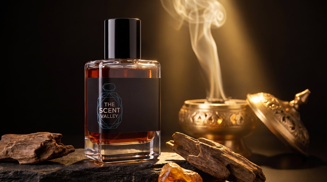 Oud perfume price in Pakistan: a Scent Valley oud impression with raw agarwood chips and a brass bakhoor burner