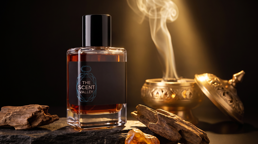 Oud perfume price in Pakistan: a Scent Valley oud impression with raw agarwood chips and a brass bakhoor burner