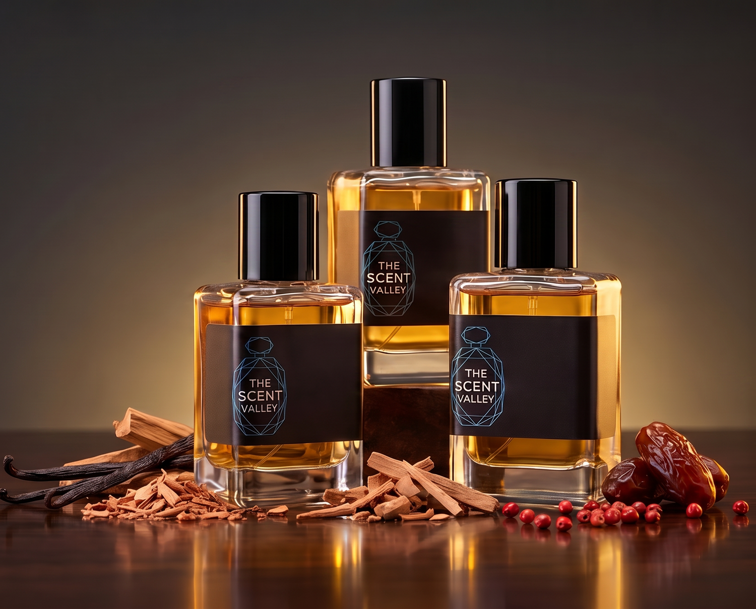 The Scent Valley luxury perfume impressions - three amber bottles